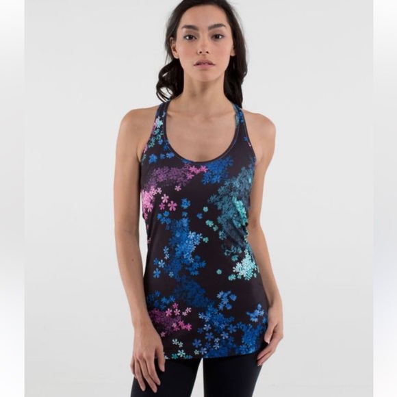 Lululemon Cool Racerback Floral Black Blue and Pink Tank Size 4 - Picture 1 of 11